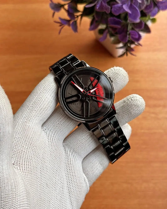 Stainless Steel Spinning Watch Red Dial Black Strap
