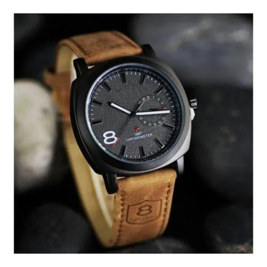 Men's Black Analog Watch with Leather Strap