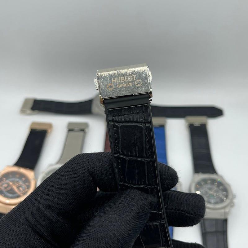 Hublot Men's Stainless Steel Chronograph Watch Black Leather Strap